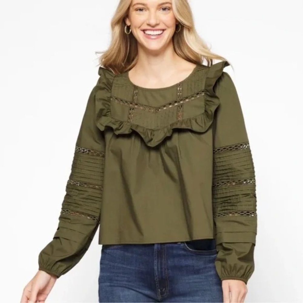 En Saison NWT Cotton‎ Poplin Pintuck Olive Green Remi Long Sleeve Blouse Large